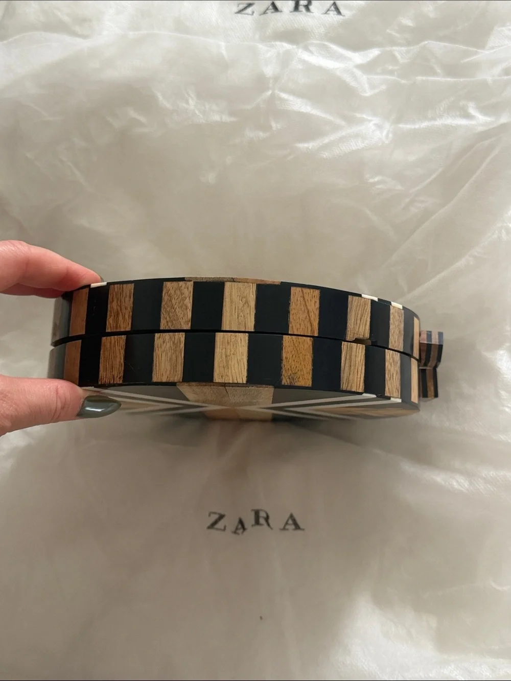 ZARA Black, White and Wood Round Geometric Crossbody Bag